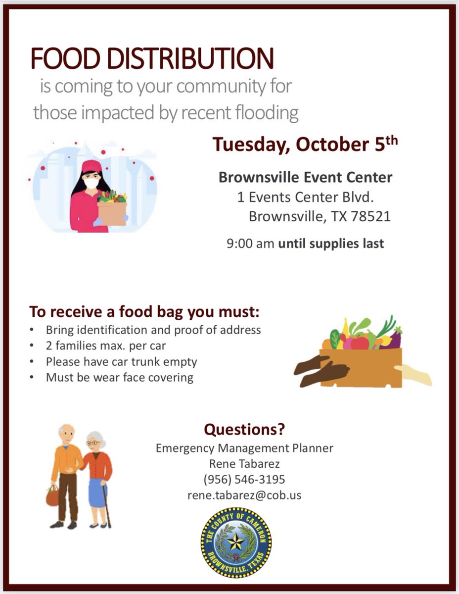 cameron_county's tweet photo. Food distribution TOMORROW starting at 9am until supplies last at Cameron County PCT 1 warehouse and Brownsville Events Center. Stay safe Cameron County! https://t.co/3CyEJwdVvp