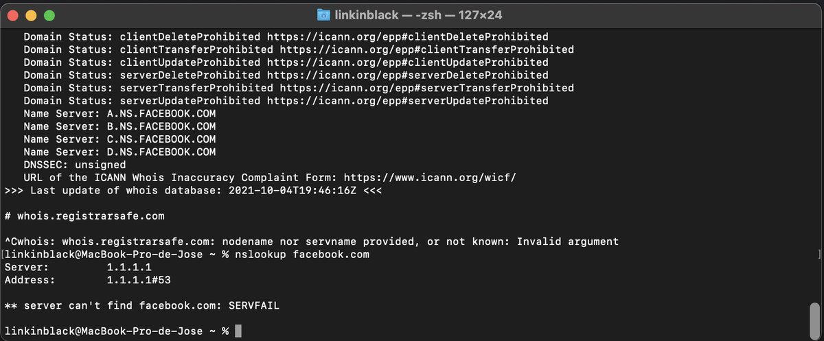 linkinblack's tweet photo. #nslookup y no existe Facebook. Al parecer problemas de DNS #Facebookdown #whatsappdown  #instagramdown https://t.co/jjshynr4Du