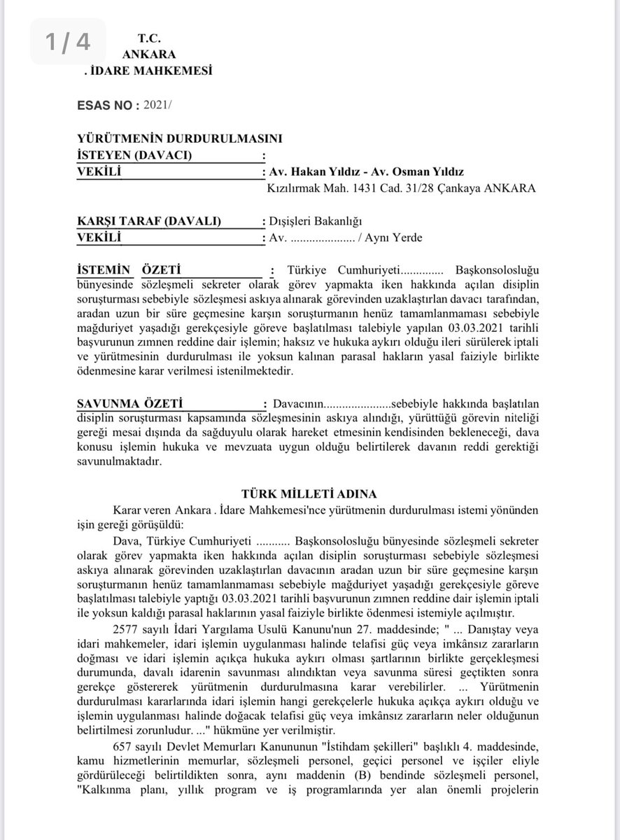 osmanyildiz_'s tweet photo. 4B’li yurtdışı sözleşmeli personelin sözleşmesinin askıya alınması işlemine karşı açtığımız davada yürütmenin durdurulması kararı verilmiştir. Bu konuda Türkiye’de verilen ilk karardır.

Yurtdışı 4B’lilere keyfi yaklaşımların son bulması temennimiz ve uğraşımızdır. @YurtdisiSP https://t.co/ODNp9ZgvOX