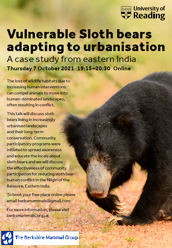 Looking forward to <a href="/PraksMardaraj/">Prakash Mardaraj, Ph.D</a> talk on Sloth Bears for the <a href="/BerksMammals/">Berks Mammal Group</a> and <a href="/ReadingBioSci/">UoR BioSci</a>  <a href="/UniofReading/">Uni of Reading</a> on thurs 7th Oct! See berksmammals.org.uk/?page_id=9 or poster for how to view free online!