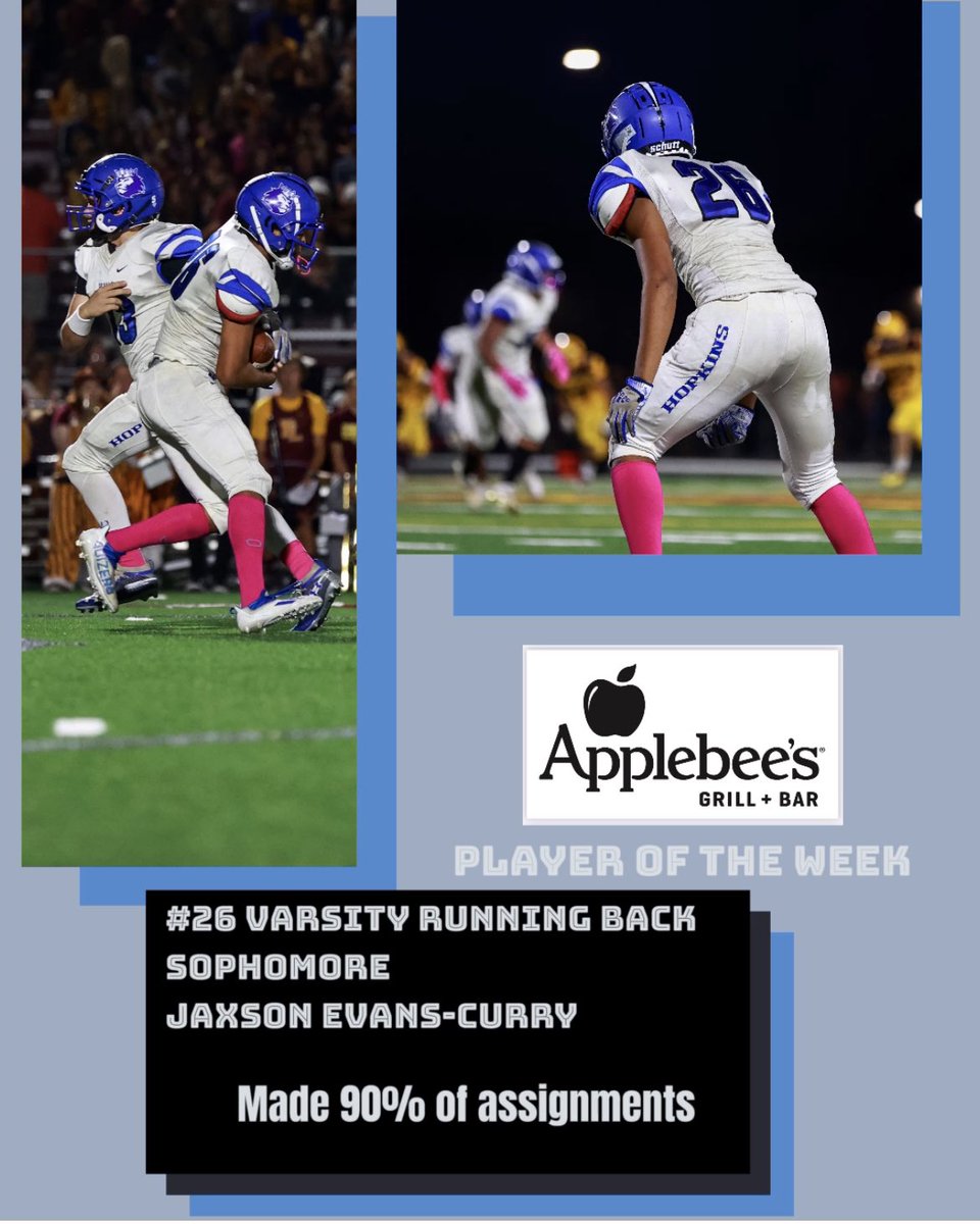 HopkinsFootball's tweet photo. Congratulations to our Applebee’s Players of the Week: 

- Sophomore, Varsity Running Back #26 Jaxson Evans-Curry
- Sophomore, Varsity Left Tackle #75 Thomas Monahan
- Freshman, #30 Deveyon Allen Chapman
 
#WeWill #DTD #teamwork #hopkinsfootball @Jaxson267 @tejm2005 @Applebees https://t.co/XliOwdVVsE