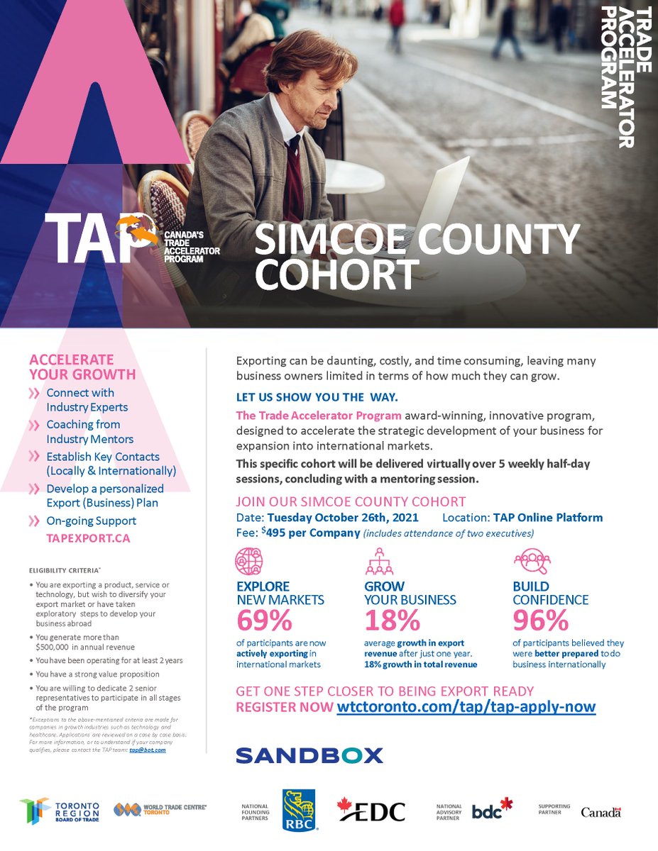simcoecountyEDO's tweet photo. The @WTC_TO Trade Accelerator Program (TAP) can help you grow your business beyond Canada in as little as 6 (virtual) sessions! Find out more about the upcoming @simcoecounty cohort with Sandbox Centre on October 26 at https://t.co/sRNIDqLHf2 #TAPCanada #AccelerateYourGrowth https://t.co/nw7zNOZSlb