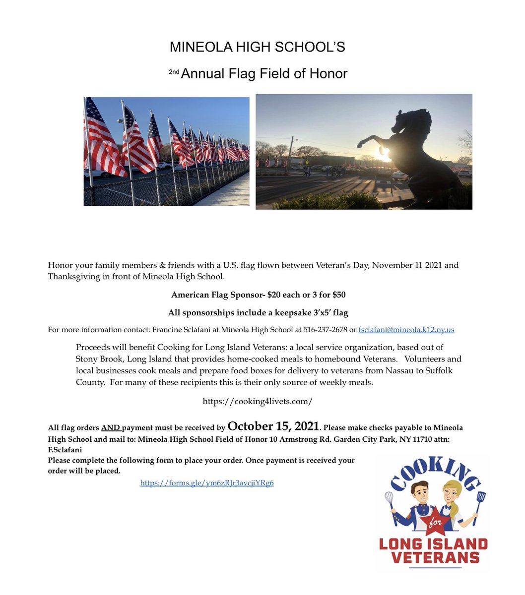 mineolahs's tweet photo. 🇺🇸 2nd Annual Mineola High School Flag Field of Honor. 🇺🇸 

To honor our Veterans, this year’s charity is “Cooking For Long Island Veterans.”  Flags will be displayed in front of the high school from Veterans Day - Thanksgiving #MineolaProud 

Order here: https://t.co/KCbpeBOTWH https://t.co/g3cZ0KaG5J
