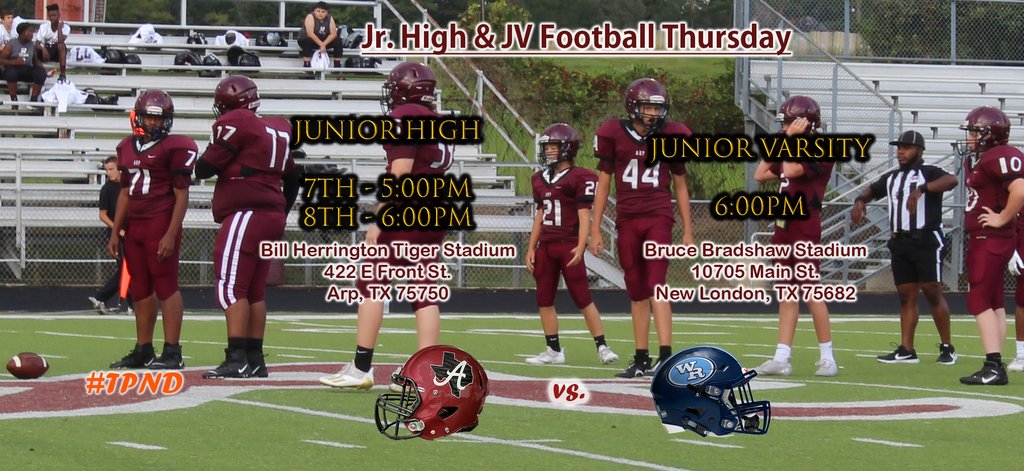 ArpISD's tweet photo. Split locations for Sub-Varsity Football games again this week: @Arp_JH will play at home vs. @WestRuskRaiders beginning at 5:00pm Thursday with 8th grade to follow.
JV plays at West Rusk at 6:00pm Thursday.
#TPND #bEASTtexas #Battlefor838 https://t.co/t8vRNXCX6f