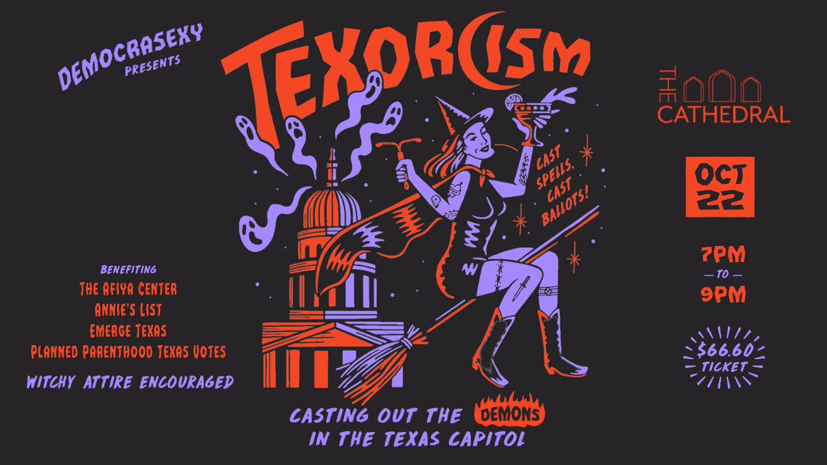 TheTexBex's tweet image. 👻 Oct 22 is TEXORCISM! 👻 
casting spells 🔮 
casting ballots 🗳 
casting out the demons in the TX Capitol 👿

Drag queens, tarot, &amp;amp; the latest on repro rights in TX. 

You rallied on Saturday—Texorcism will help you figure out what to do next. 💪

Texorcism.com