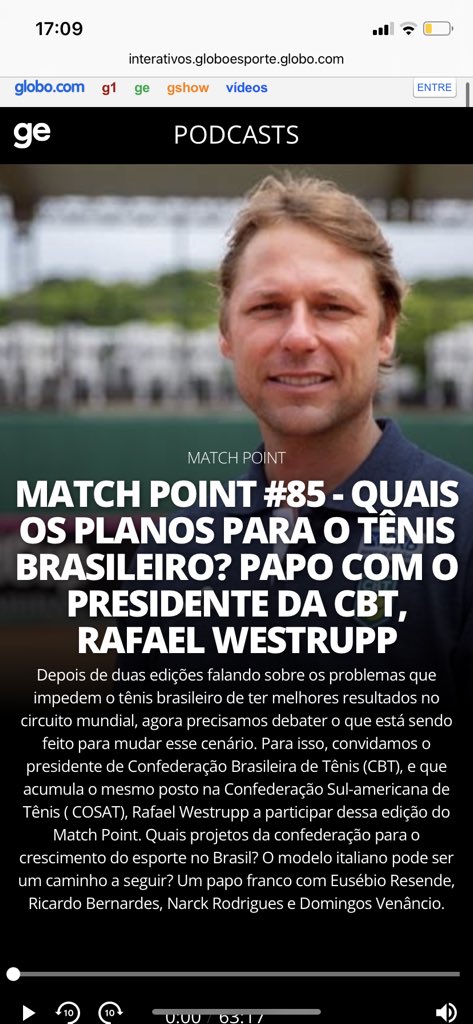 Hoje no podcast Match Point do <a href="/geglobo/">ge</a> um papo bem interessante com <a href="/RafaelWestrupp/">Rafael Westrupp</a>, Presidente da <a href="/cbtenis/">CBT</a>. Ele abriu o jogo sobre o momento e os planos para a melhora dos 🇧🇷 🇧🇷 no circuito. Com <a href="/eusebiosportv/">Eusebio Resende</a> <a href="/DomingosVennci5/">Domingos Venâncio</a> e Narck. Vale demais! 

interativos.globoesporte.globo.com/podcasts/progr…