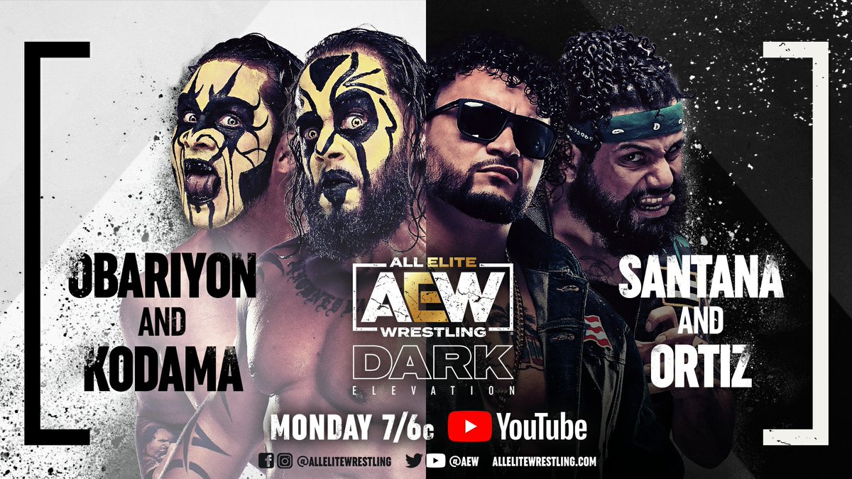AEW's tweet photo. Watch #AEWDarkElevation TONIGHT at 7/6c - https://t.co/9Hj2l9Hjjy
-@SonnyKissXO v @Superstar_KM
-#Obariyon/#Kodama v @Santana_Proud/@Ortiz_Powerful
-#ShayneStetson/@justinCorino/@1MANTHRILLRIDE1 v @GarciaWrestling/#2point0 (@MattTheShow/@JeffTheShow)
-@Skyebyee v @EmiSakura_gtmv https://t.co/rUPPa7nReP