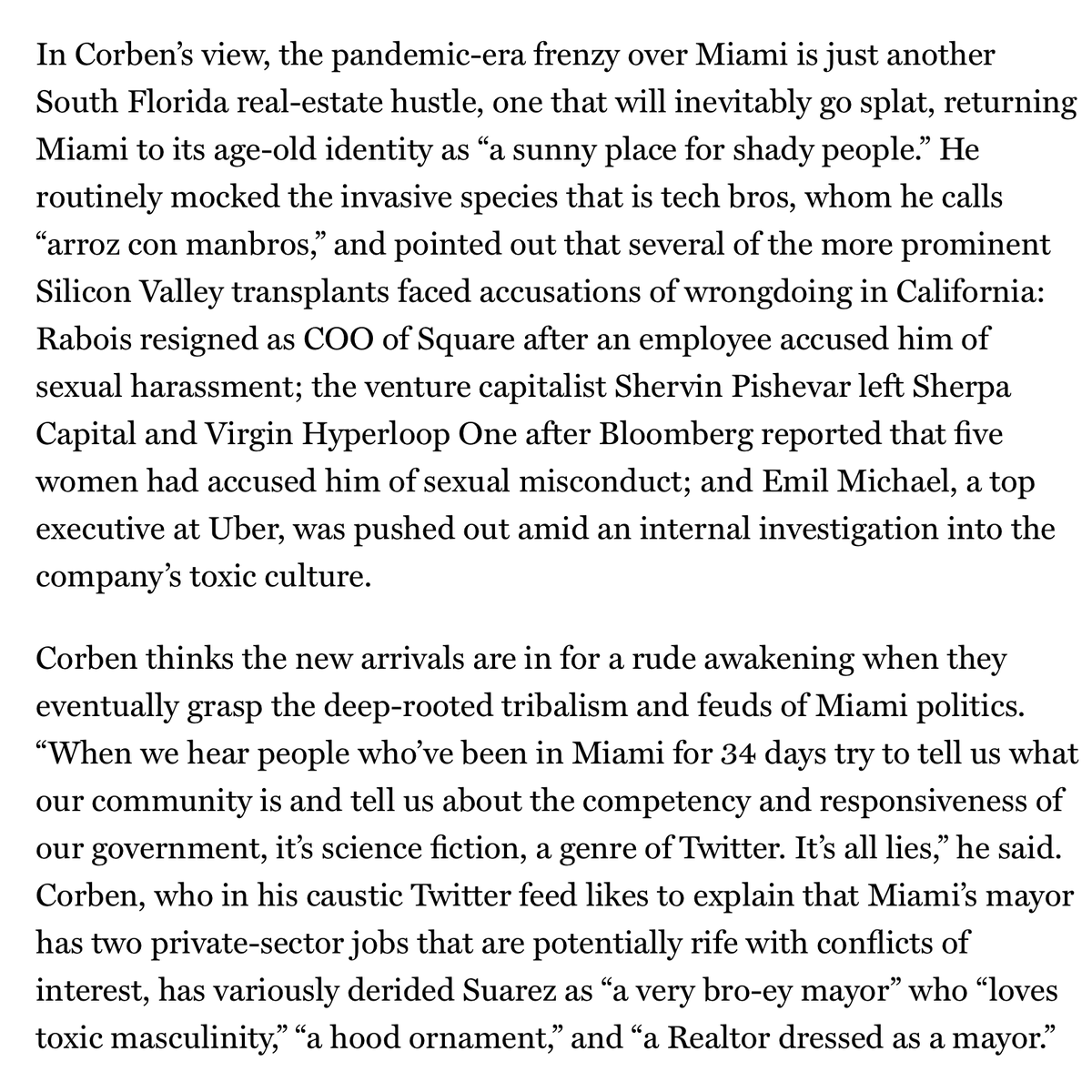 BillyCorben's tweet photo. "How Miami Seduced Silicon Valley?"

As the sirens call the sailors, that's how. Or as mi hermano @AmandiOnAir says: “Miami is the city you date, never marry.”

P.S. "Caustic" is the nicest thing anyone has ever said about my Twitter feed. #BecauseMiami

https://t.co/LAVYzrgApN https://t.co/aocB2kMJNK