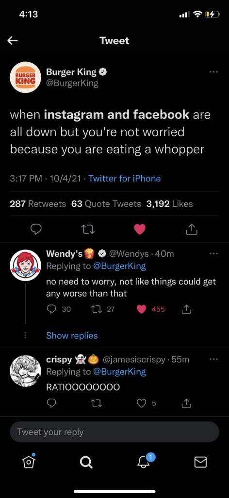 Jazzelynn23's tweet photo. @itsmovies You should’ve seen Wendy’s and Burger King get into it 💀💀💀💀 https://t.co/qFbqUGVqhs