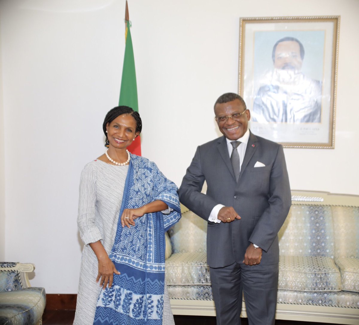 UNFPACameroon's tweet photo. On the sidelines of #GovForum2021, @amatavel, @UNFPA_WCARO Regional Director, had a fruitful audience with @CameroonPm237. Discussions focused on universal access to #SRHR information &amp; services as well as girls’ education to successfully rollout #SND30 &amp; #UNSCDF https://t.co/1QgFBnRSGJ
