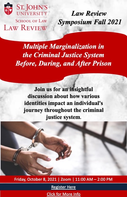 Join us with <a href="/StJohnsLawRev/">St. John's Law Review</a>  at the virtual symposium on “Multiple Marginalization in the Criminal Justice System” this Friday, October 8th from 11AM-2PM. Details &amp; registration can be found below! We look forward to seeing everyone there!
stjohns.edu/law/academics/…