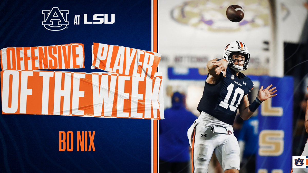 AuburnFootball's tweet photo. Our Players of the Week from Game 5!

Offensive - @BoNix10 
Defensive - Entire D-Unit

#WarEagle | #AuburnMade https://t.co/HJ6CnAmU9B