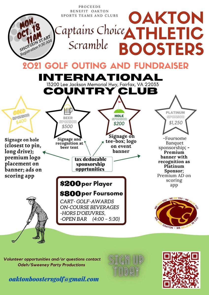 Um...you won't find info about Oakton Boosters Golf Outing on Facebook or Instagram (at least not today). So here ya go, 2 weeks until tee off. Don't Wait.