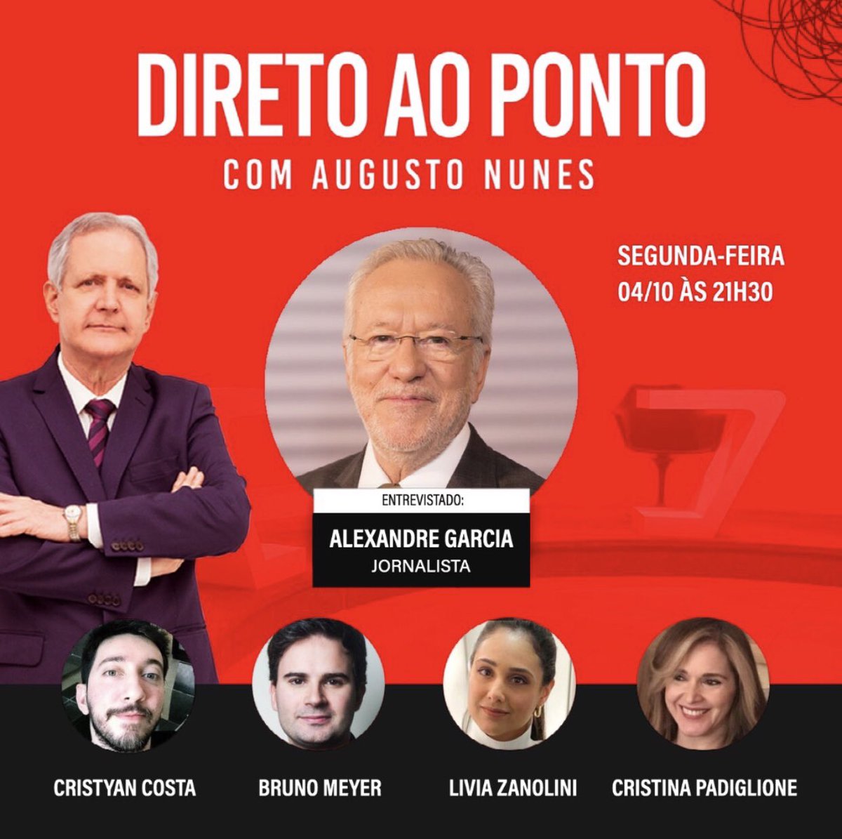 augustosnunes's tweet photo. O entrevistado do Direto ao Ponto desta 2ª é o jornalista Alexandre Garcia (@alexandregarcia). Mandem sugestões de perguntas, amigos. A partir das 21h30, na @JovemPanNews. https://t.co/DAmPM6uItM https://t.co/nTSyy35pg3