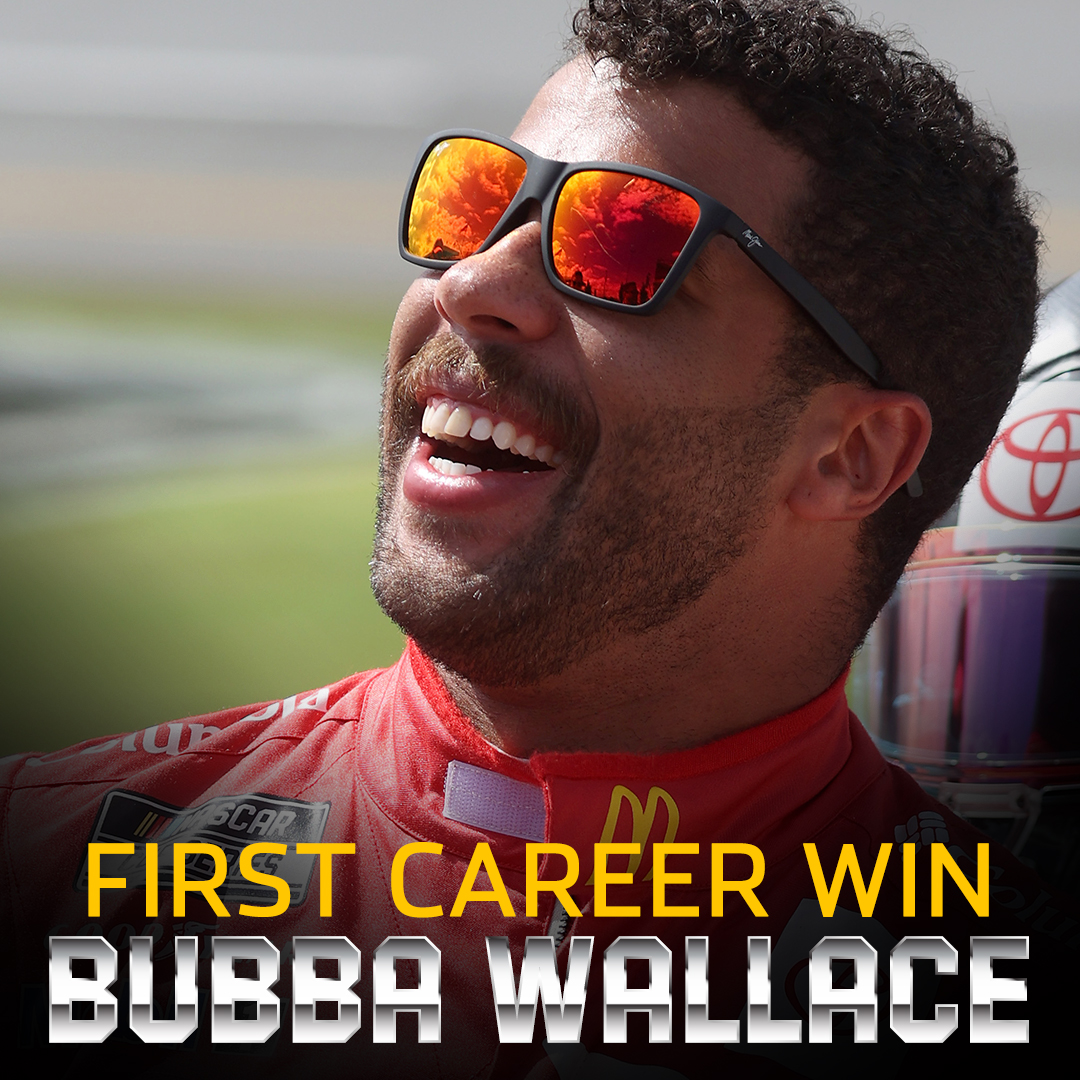 NBCSports's tweet photo. HISTORY at @TALLADEGA!

@BubbaWallace gets his first career win in the @NASCAR Cup Series. https://t.co/8ezHMFlEMX
