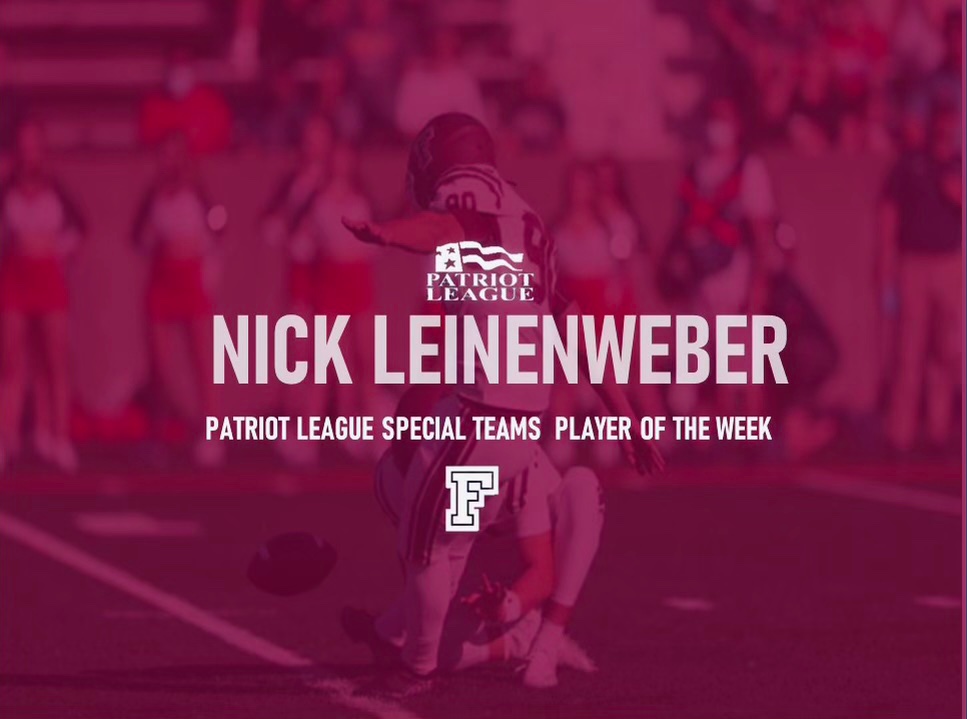FORDHAMFOOTBALL's tweet photo. Congratulations to RB TREY SNEED for receiving the Patriot League Offensive Player of the week &amp; K NICK LEINENWEBER Special Teams Player of the week honors for their performances vs  Lafayette College this past weekend! 🐏🏈

#RAMILY https://t.co/qVYqgsvatv