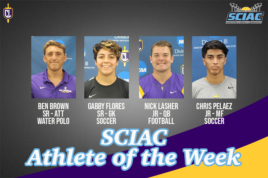 What a week for Cal Lutheran athletics as we got 4 Athletes of the Week!

Brown: 11 goals (1 golden goal), 14 assists, 15 steals
Flores: 2 shutouts in 200 minutes; 15 saves
Lasher: 11-for-20, 2 TD, 9.2 YPC
Pelaez: 2 goals (both game winners), 1 assist

#OwnTheThrone