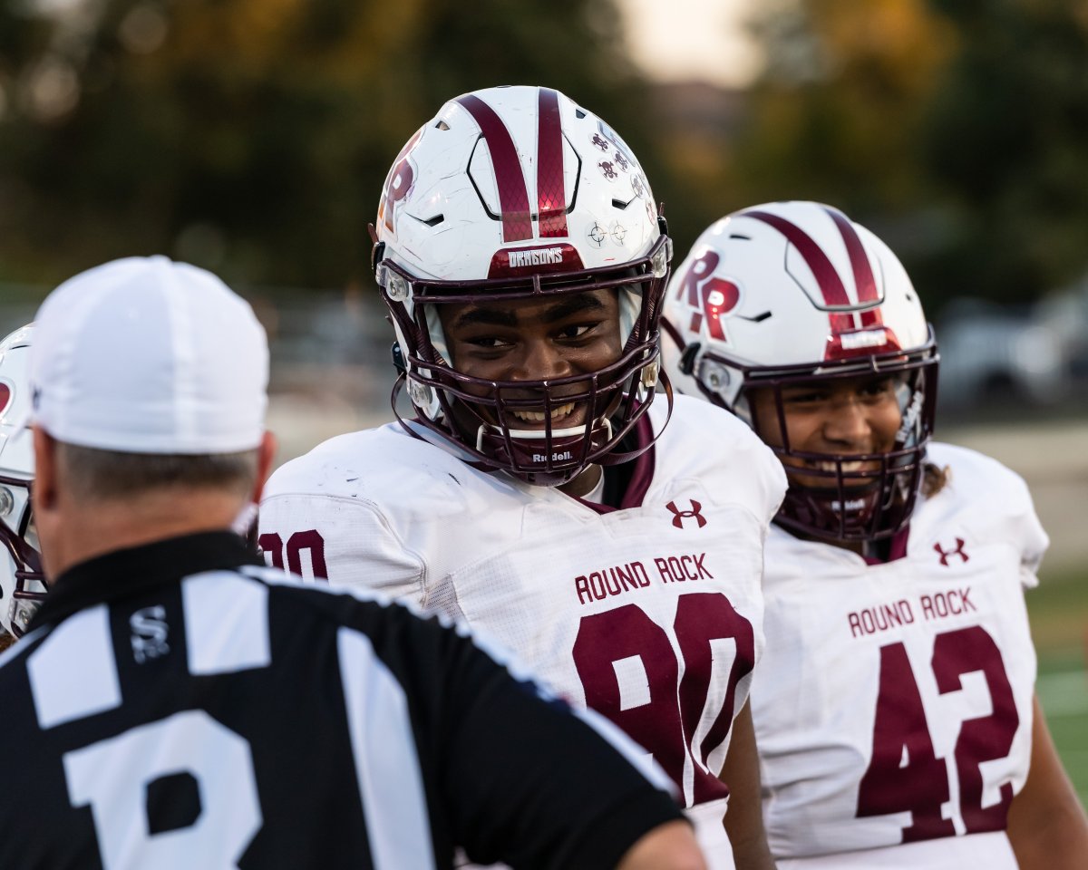 The ref gets a laugh from Ansel Nedore and Jett Jones during the coin toss. Round Rock football wins over Westwood 35-0, 10/1/2021. <a href="/roundrockfb/">Round Rock Football</a> <a href="/DragonNationRR/">Dragon Nation</a> <a href="/varsity_news/">Varsity News</a> <a href="/RRLeaderSports/">RRLeaderSports</a> <a href="/FanstandATX/">FanstandATX powered by VYPE</a> <a href="/FlxAtx/">FLX ATX</a>