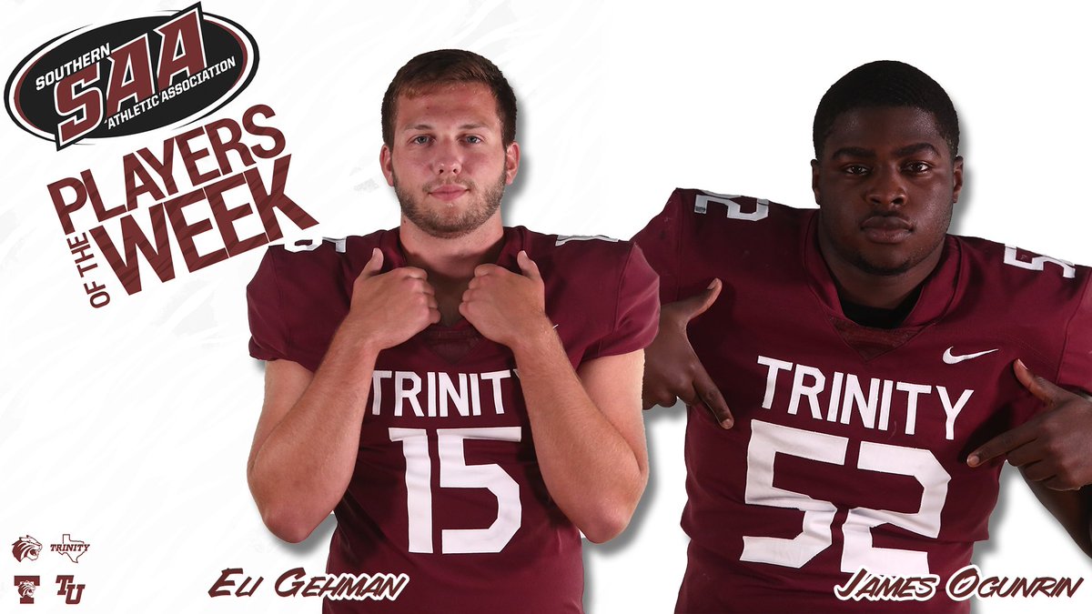 TrinityUTigers's tweet photo. Eli Gehman (Special Teams) and James Ogunrin (Defensive) were both named @SAA_Sports Players of the Week after the Tiger football team defeated Berry 27-6 last weekend. #TigerPride 

📰: https://t.co/m9u8Dq3S01 https://t.co/55ZhPNbgkF