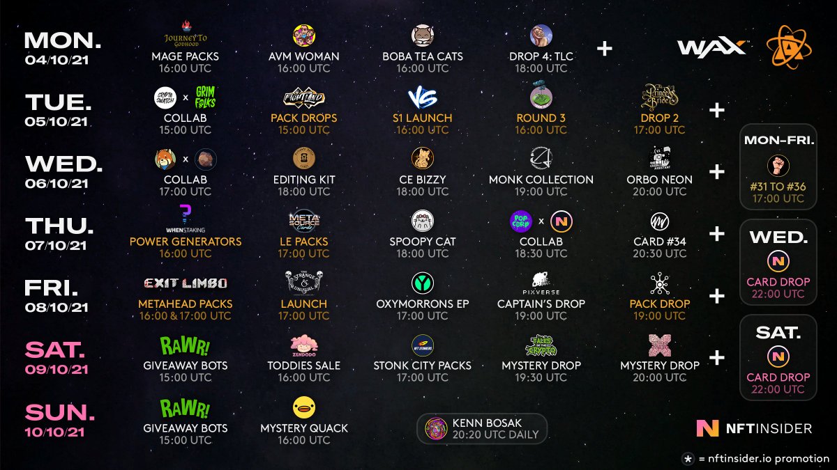It's a HUGE week on <a href="/WAX_io/">WAX</a> / <a href="/AtomicHub/">AtomicHub</a>! 🚀 #NFTs #NFTdrop 

📅 nftinsider.io/tw23/

<a href="/Journey2Godhood/">JourneyToGodhood</a> <a href="/fightlandclub/">fightlandclub</a> <a href="/TheGuild_NFT/">The Guild</a> <a href="/farming_tales/">Farming Tales</a> <a href="/WhenStakingNFTs/">WhenStaking</a> @BCKingdoms <a href="/POPCORP_ART/">𝐏𝐎𝐏𝐂𝐎𝐑𝐏🧟‍♂️</a> <a href="/ExitLimboWax/">Exit Limbo WAX</a> <a href="/JoshBalz/">Joshua Balz</a> <a href="/YoshiDrops/">Yoshi Records</a> @worldsofdrhems <a href="/Pixverse00/">Pixverse</a> <a href="/ZendodoParty/">Zendodo</a>
