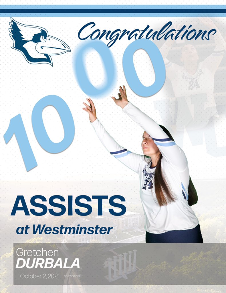 Congratulations to setter <a href="/GretchenDurbala/">Gretchen Durbala</a> who recorded her 1,000th assist in a <a href="/WC_BlueJays_VB/">Blue Jays Volleyball</a> uniform.  In just her 31st game.