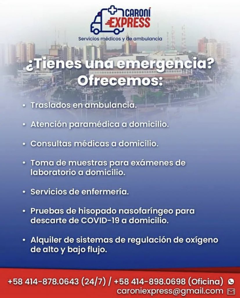 PableOstos's tweet photo. #NadaQueVerConNoticias 
Tenga guardada esta información. 

El equipo de #CaroníExpress ofrece:

🚑Servicio de consultoría médica a domicilio 
🚑Pruebas de #COVID19 
🚑Enfermeras a domicilio 
🚑Oxígeno y equipos médicos 
🚑Servicio de ambulancias en el estado #Bolívar 24/7 https://t.co/yOURdykopx