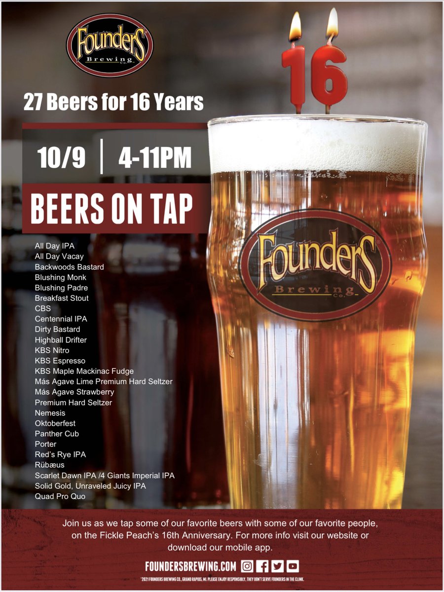 indybeerguy's tweet photo. We are only 5 days away from celebrating the 16 year opening anniversary of @FicklePeachPub. Make sure to stop by and grab a pint of @foundersbrewing  for the celebration. #10/9/21 #27Beers16Years https://t.co/DtGG1xqYwS