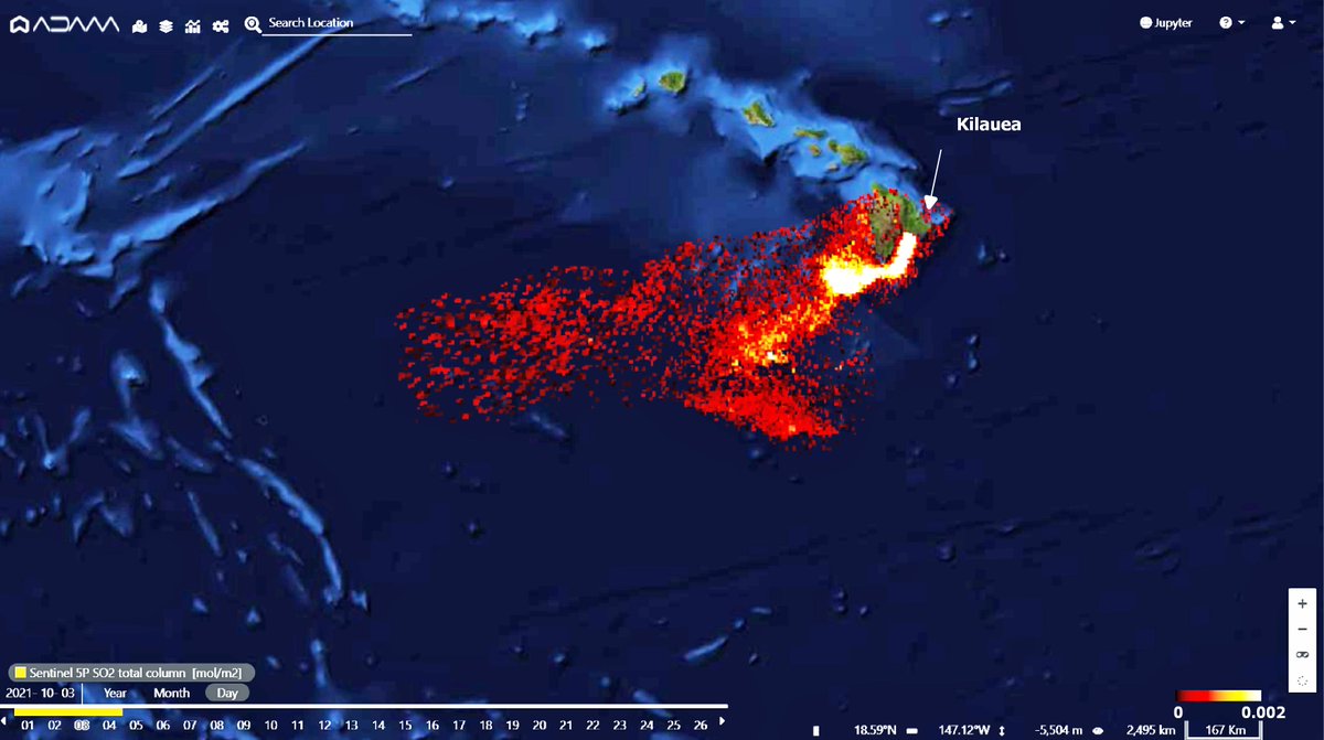 Since Sep. 30 the #Kilauea volcanic activity has resumed. #Copernicus #Sentinel5p SO2 Total Column product captured the emissions blown westward by the wind on Oct. 3rd 2021. #volcano #Hawaii #US #eruption #KilaueaErupts @mattewCappucci <a href="/Hawaii_EMA/">Hawaii EMA</a> <a href="/CopernicusECMWF/">Copernicus ECMWF</a> <a href="/CopernicusEMS/">Copernicus EMS</a>
