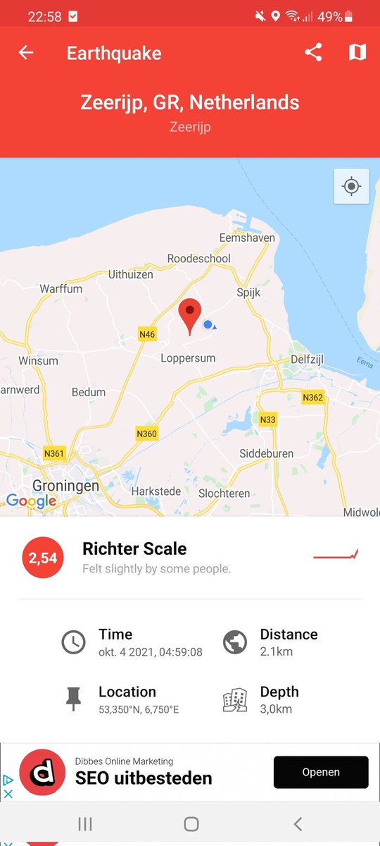Aardbeving nummer 3, kracht van 2.54!
Dat is juist zwaar! Deze bevingen vinden plaats op een diepte van 3 km! Dus aan de oppervlakte! En nee, we zijn nog LANG NIET gecompenseerd! Men geeft nog steeds 60% van het geld uit aan juridische procedures om niet te vergoeden!