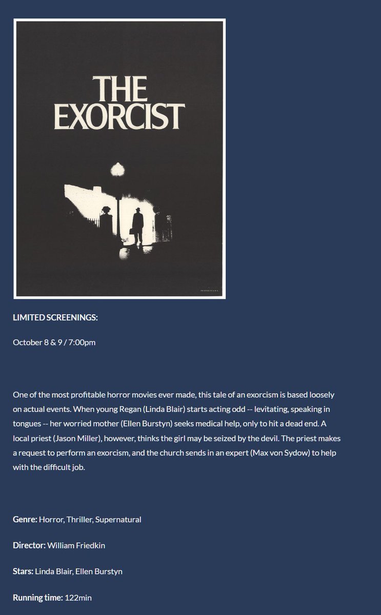The Exorcist (1973) is playing at @GlobeCinema Oct 8th & 9th and 7:00 PM. 

globecinema.ca/movie.html#759 #yyc