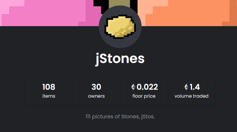 jStonesNFT's tweet photo. #jStones: Day 3
30 owners
floor price 0.022 $ETH
volume traded 1.4 $ETH

Trade a jSto🪨
https://t.co/dlbTvFVVvS

#jPebs #jStos #NFT #NFTs #Ethereum #OpenSea #PixelArt https://t.co/T5sQe5hZ5q