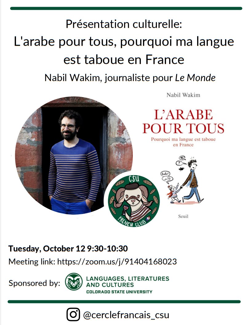 Attention CSU Rams⚠️🐏
The languages, Literatures and Cultures department is honored to sponsor this event. Please join us Tuesday, October 12th from 9:30-10:30 for this special presentation!💚
Zoom Link: zoom.us/j/91404168023