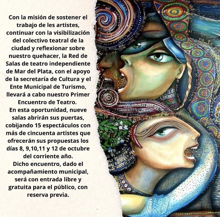multiteatro's tweet photo. 📣 Anuncio de la Red de Salas Independientes de Mar del Plata.
Del 8 al 12 de octubre, con entrada libre y gratuita gracias al apoyo de la Secretaría de Cultura y el Ente Municipal de Turismo, nueve salas cobijarán quince espectáculos con cincuenta artistas en sus escenarios! https://t.co/zO2tqHPdbI