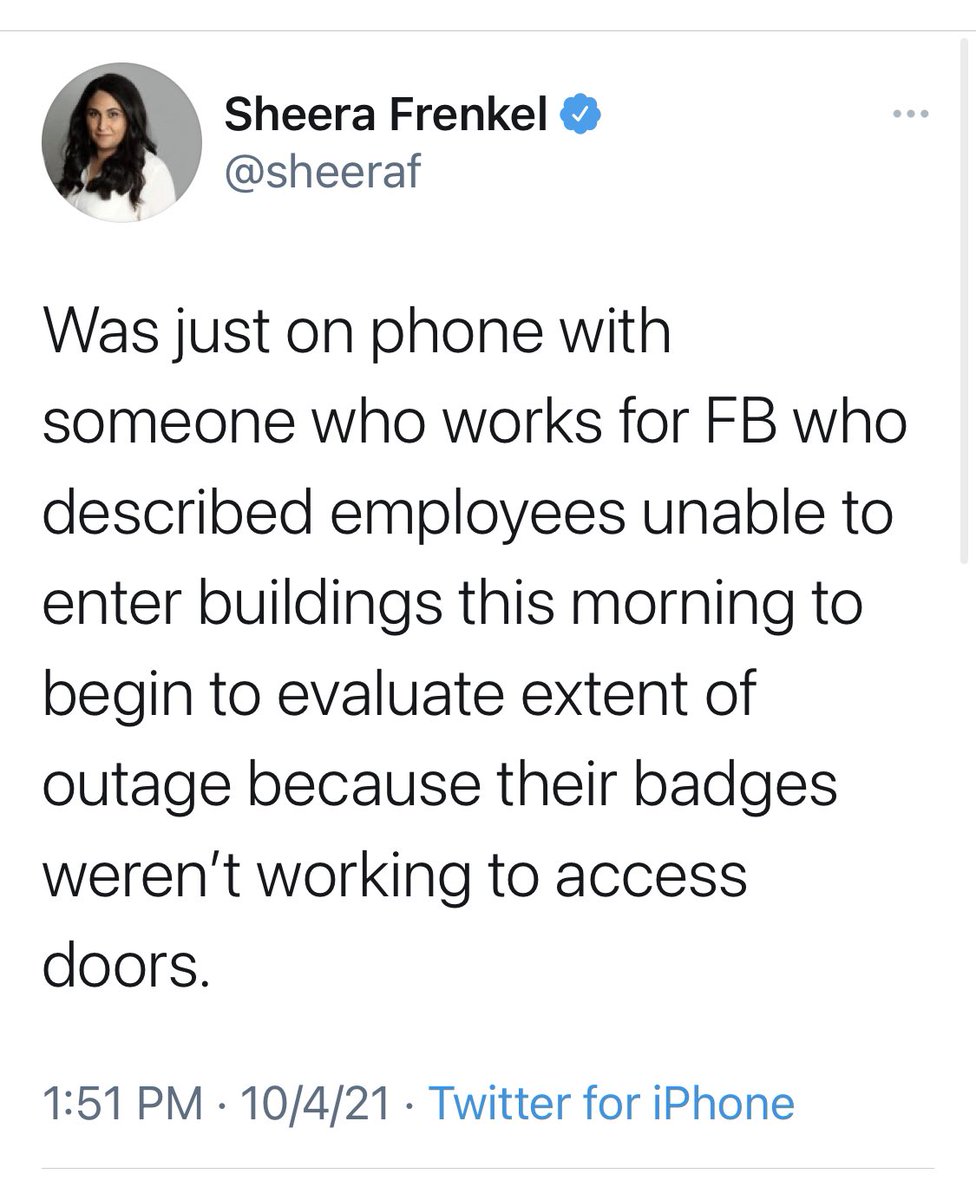 siddik_babu_'s tweet image. Facebook employees can’t enter the headquarters because their badges don’t work, and those already inside can’t enter various rooms because access is linked through the IoT (Internet of Things) and so goes through the same DNS routes that no longer exist:

#FacebookDown