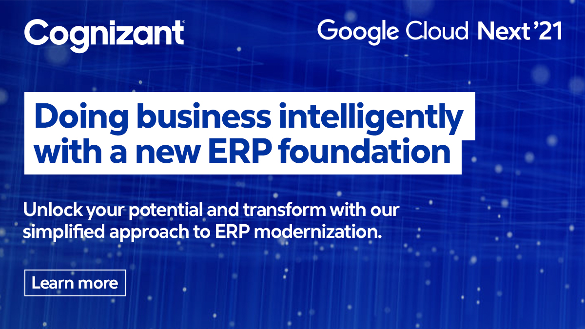 Cognizant's tweet image. With Google Cloud Platform, companies can leverage real-time data and transform with SAP S/4HANA. Learn more:  cognizant.com/us/en/GoogleCl… 

#GoogleCloudNext21