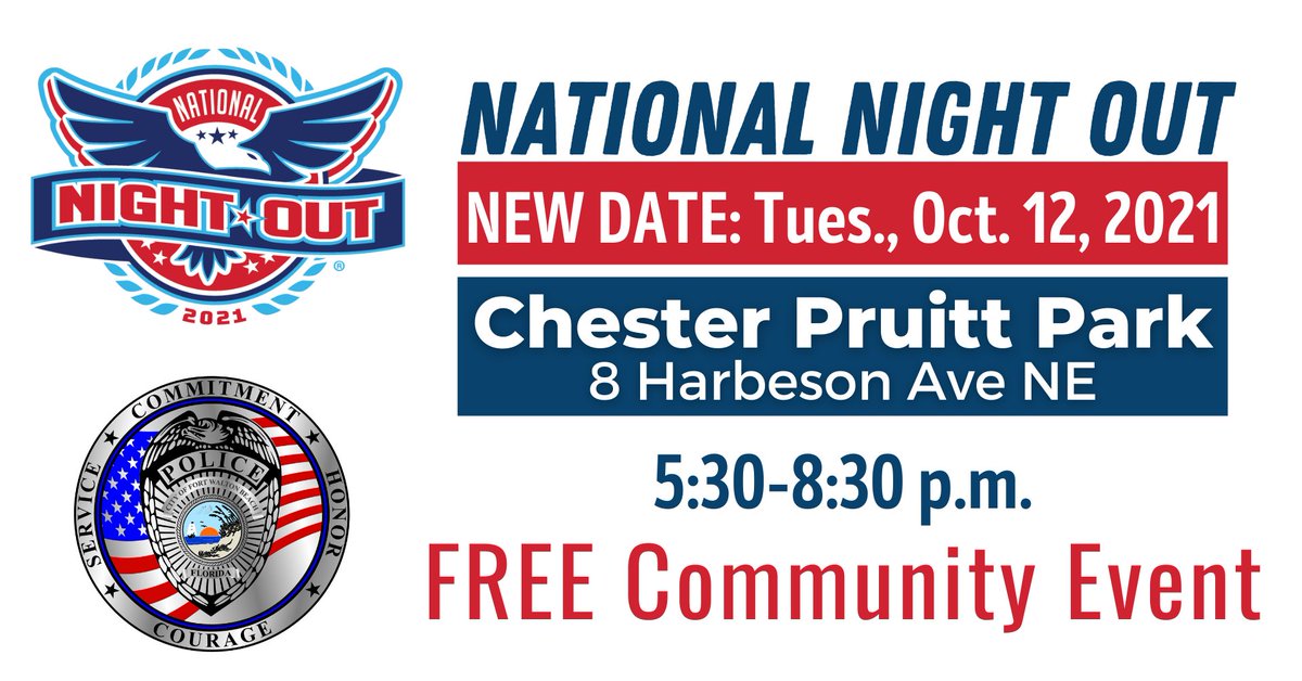Because of the high possibility of inclement weather, the National Night Out event planned for October 5 has been rescheduled to October 12 from 5:30-8:30 p.m. See details fwb.org/police/page/fw…