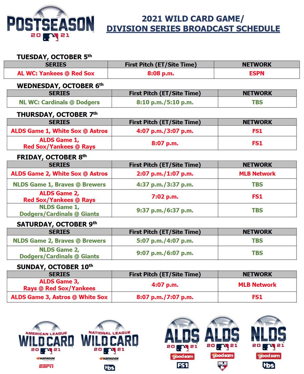 MLB Communications on X: The broadcast schedule for Postseason games  through Sunday was announced today by @MLB. @FS1 and @MLBNetwork will have  exclusive live coverage of the ALDS presented by @GoodSam, while @