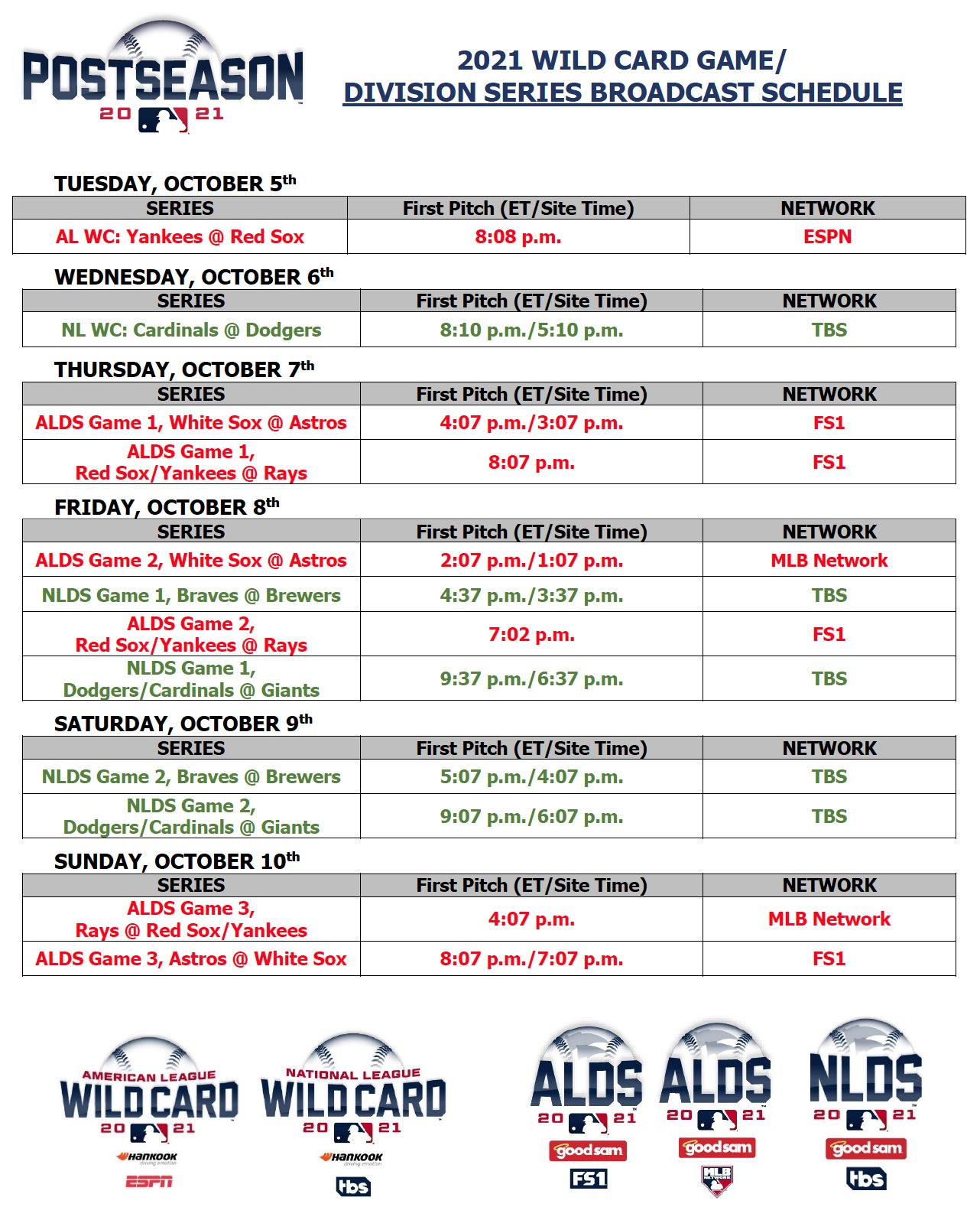 MLB playoff schedule 2021 Full bracket dates times TV channels for  every series  REDACAOEMCAMPO