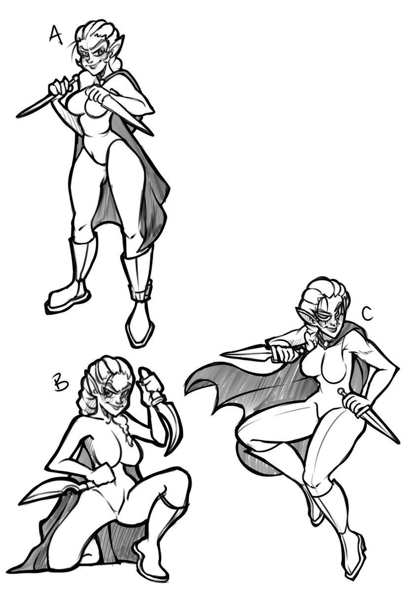 PetushArt's tweet image. Working on first 2 commishes. For this one (she&apos;s a rogue), which pose do you think suits her best? I would say &quot;C&quot;. 🤔
#Sketching #ReferencePoses #DrawingPose