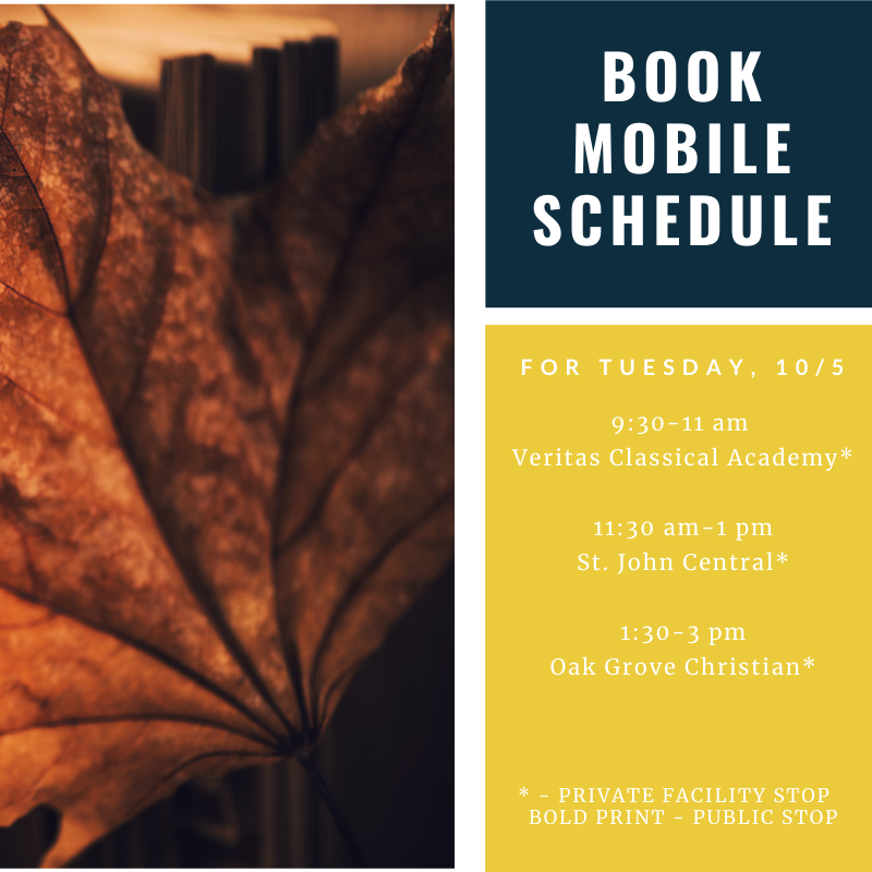 WCPLOhio's tweet photo. Bookmobile schedule for Tuesday, October 5. An * signifies a private facility stop. https://t.co/j6Vb5ynqR9