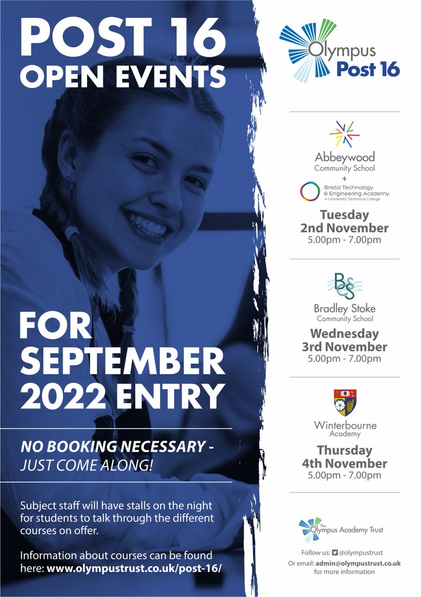 Come and find out about opportunities within the <a href="/olympustrust/">Olympus Academy Trust</a> post 16 partnership on 2nd, 3rd and 4th November.  Wide selection of courses on offer including specialist engineering pathway... @AbbeywoodSchool <a href="/bradleystokecs/">Bradley Stoke CS</a> <a href="/BTEAcademy/">BTEAcademy</a> <a href="/PatchwayC_S/">Patchway CS</a> <a href="/WinterbourneAc1/">WinterbourneAcademy</a>