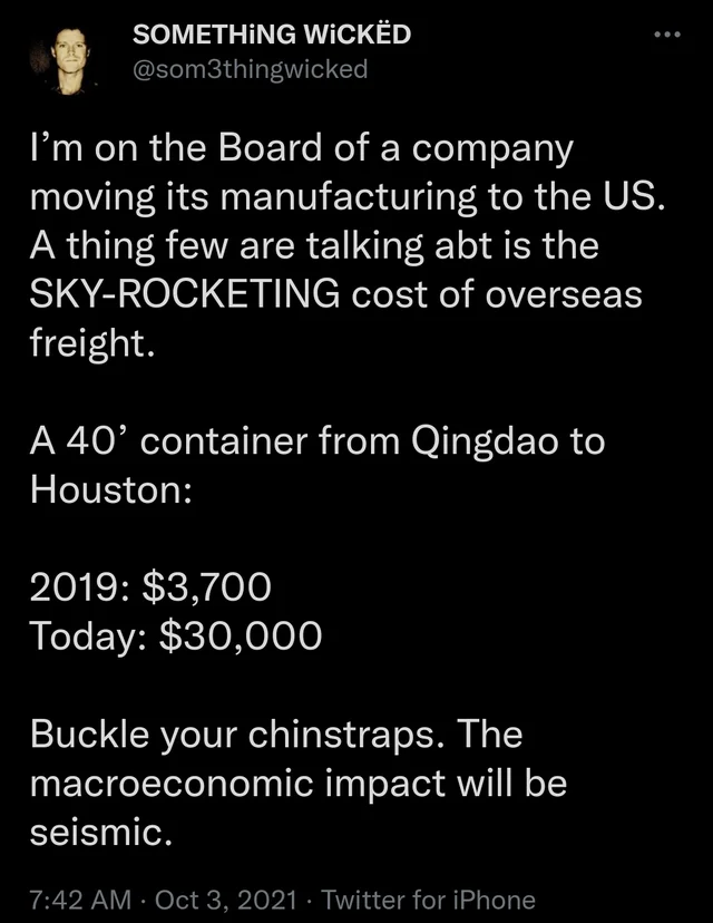 logixca's tweet photo. Le prix des transports par conteneurs depuis le port de Qingdao, en Chine vers (par exemple) le port de Houston, aux États-Unis est passé de 3,700$ à 30,000$.

https://t.co/6VdvUCOHyr

Faites des réserves de produits en provenance d'outre-mer... https://t.co/Rp2zvH2hwz