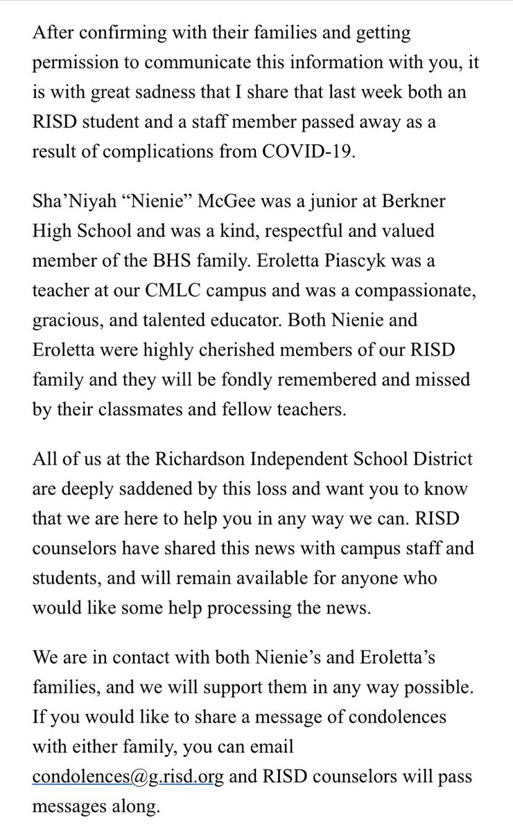 NEW: Richardson ISD says teacher Eroletta Piascyk — who died of #Covid_19 complications, Thursday — was fully vaccinated with an additional booster shot. The Superintendent says she’s not aware of Piascyk (or the student who died) having any preexisting conditions. <a href="/FOX4/">FOX 4 NEWS</a>