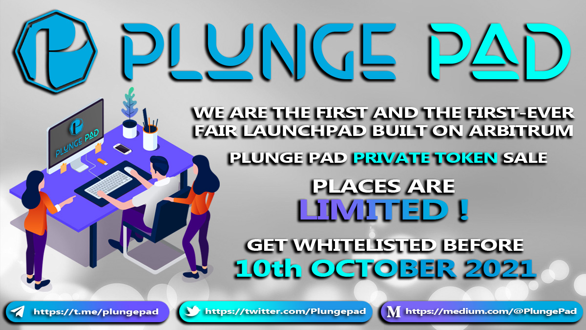 Plungepad's tweet photo. 🚀🚀A limited number of tokens are available on a first-come, first-served basis. 🚀🚀

⭐️ Want to participate in our $PLG private token sale? 
⭐️ Fill out this whitelisting form before the 10th of Oct.

@arbitrum @Arbitrum_daily @Arbitrum2day 

https://t.co/A2PAX8Zilt https://t.co/Uu7VP1Vufa