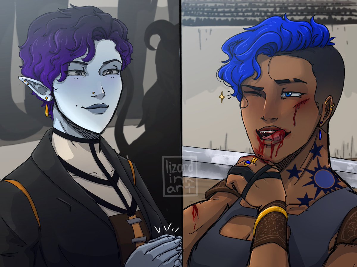 lizardinkart's tweet photo. Screw it: have some lesbians I posted on the ‘gram this morning BD (before death). Two NPC’s just vibin. Lior’s sister and a pirate do flirty things (and Lior is mad about it) #dndart #dungeonsanddragons https://t.co/mMZn1DmpQt