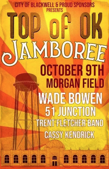 Top of OK Jamboree at Morgan Field in Blackwell, OK featuring <a href="/WadeBowen/">Wade Bowen</a>, 51 Junction, and more this Saturday, October 9th! Get your pit passes and raffle tickets here ➠➠ bit.ly/TopofOKJambore…