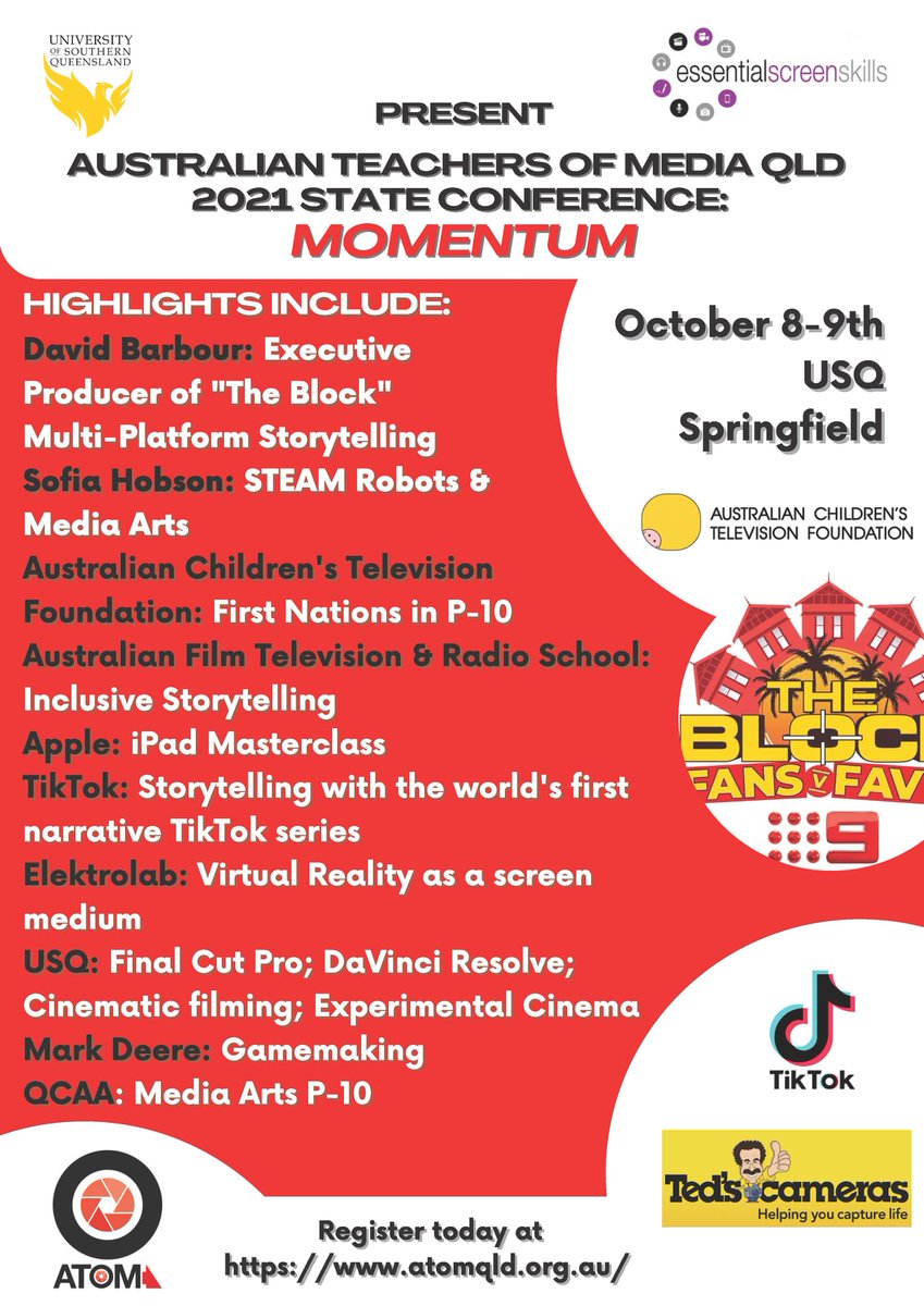 GOT YOUR TICKET YET? Check out the program and purchase your tickets now for the <a href="/ATOMQld/">ATOM (Qld)</a> 2021 State Conference - MOMENTUM!
atomqld.org.au/state-conferen… #television #media #filmmaker #filmmakers #youngfilmmakers #storytelling #content #contentcreation #BackToSchool