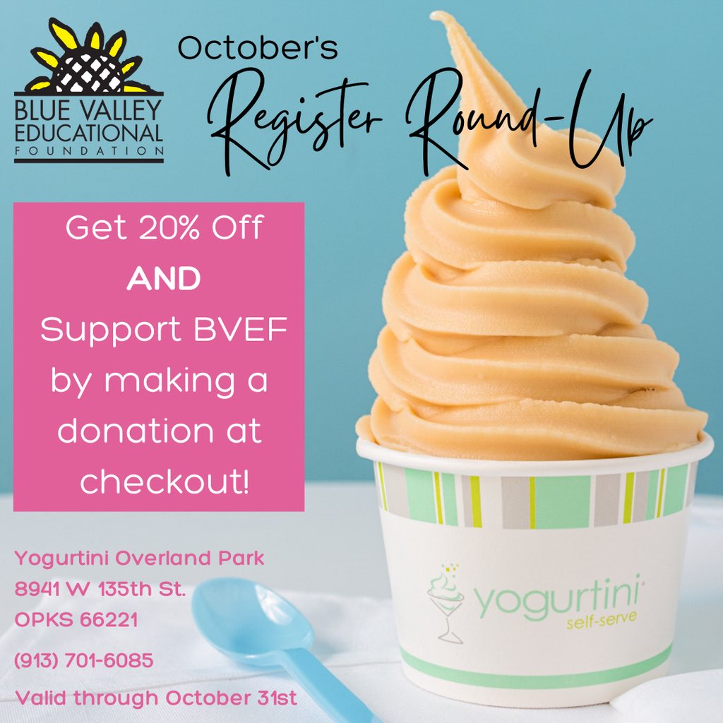 During the ENTIRE month of October, <a href="/YogurtiniOP/">YogurtiniOPKS</a> is providing a 20% off discount AND the opportunity for you to donate to <a href="/BVEdFoundation/">Blue Valley Educational Foundation</a> when you check-out!