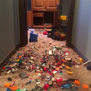 Hello little Robby, you must REALLY have to peepee after drinking all that soda. But it looks like you once again left out ALL your Legos... and this time mommy's not here to pick them up. Will you risk getting an owie on your way to the potty, or will you have another "Accident"