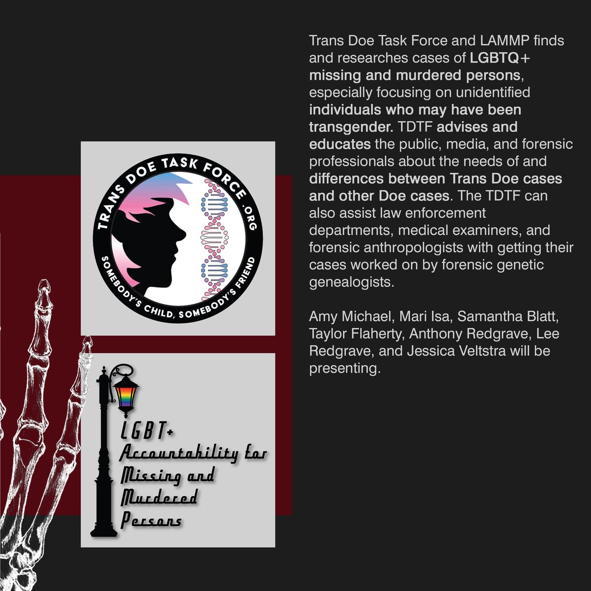 ChicoForensicCo's tweet photo. Happy Monday! Sorry about the delayed speaker announcement but October has shown to be a busy month already! We are overjoyed to have not just one but an entire panel of speakers from the Trans Doe Task Force for our conference this year! @transdoeforce #TDTF #forensicanth https://t.co/0Nm6aMozcd